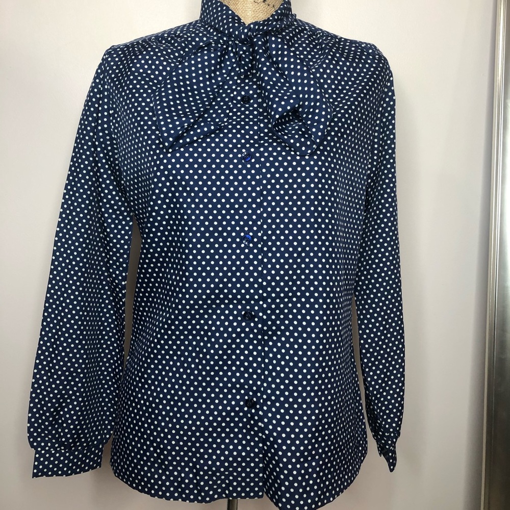 Navy Blue White Polka Dot Vintage Blouse